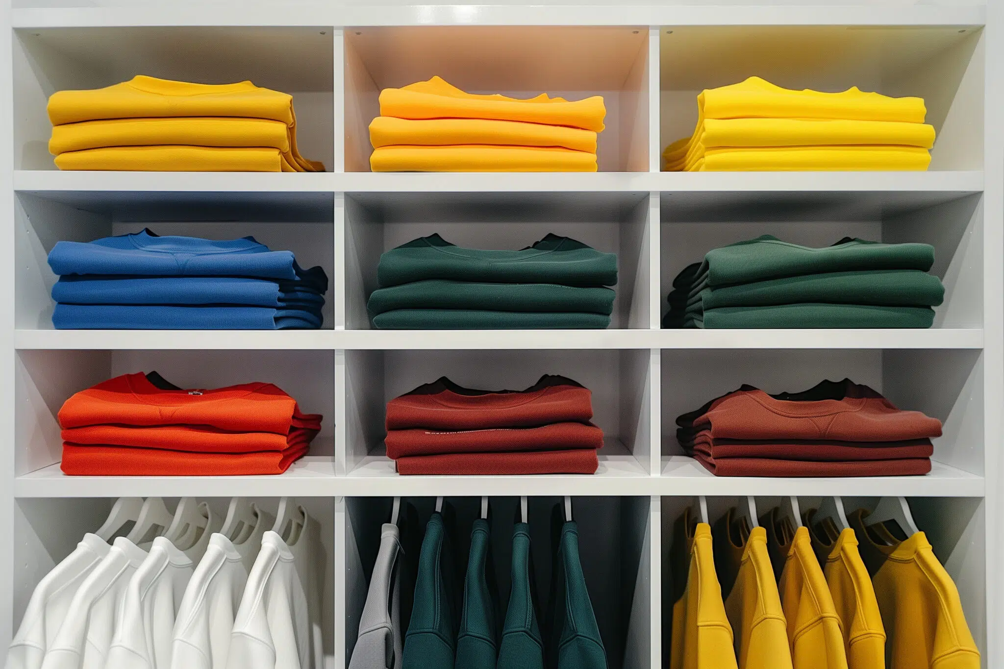 Habits et Vêtements rangés dans un dressing, penderie, buanderie, armoire, pliés, repassés, étagères